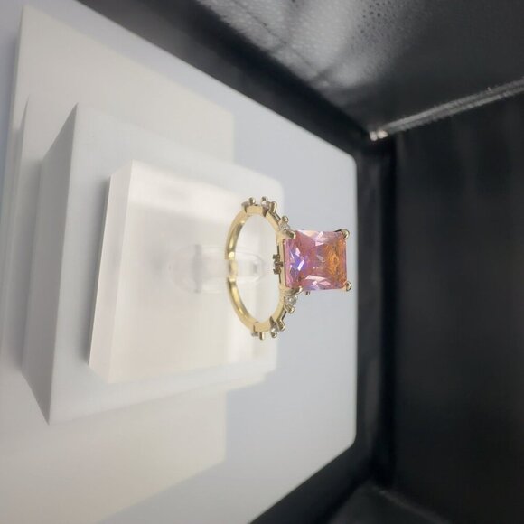 Pink Radiant-Cut Gemstone Ring With Gold-Plated Brass Band & Micro Insert Inlay - Picture 5 of 9